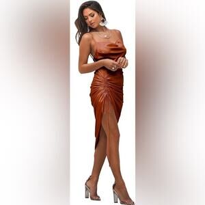 Women's Satin Spaghetti Straps Cowl Neck Sexy Ruch Cocktail Midi Dresses Rust XS